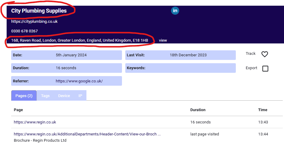 Image showing a website visitor identifiable by both company name and specific address geolocation