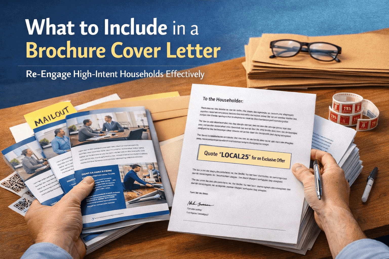 Small business owner packaging up cover letters and brochures